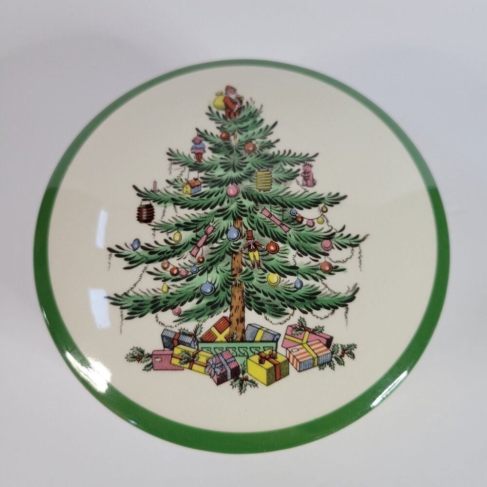 Green White Spode Christmas Tree Porcelain Round 5” Trinket Powder Box England